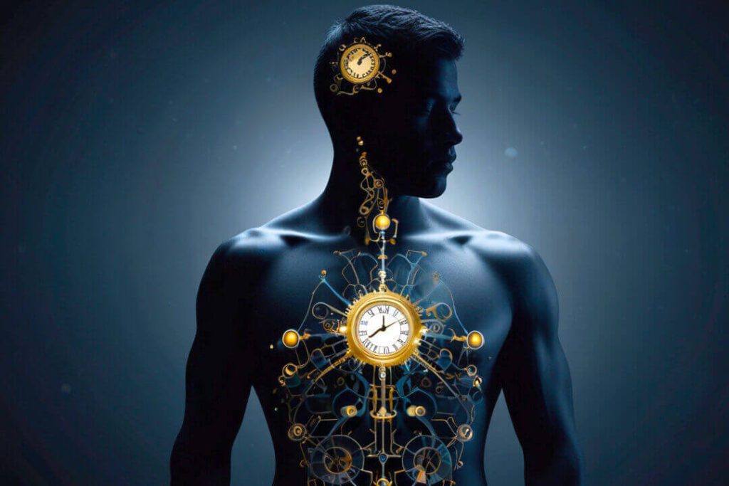 Das Bild visualisiert die Chronobiologie durch eine männliche Silhouette mit komplexen Uhrwerkmechanismen im Kopf und auf der Brust, die die innere biologische Uhr des Menschen symbolisieren.